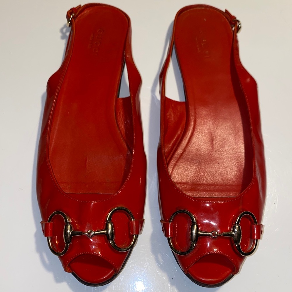 Gucci Horsebit Red Patent Slingback Sandal Flats - Picture 3 of 17